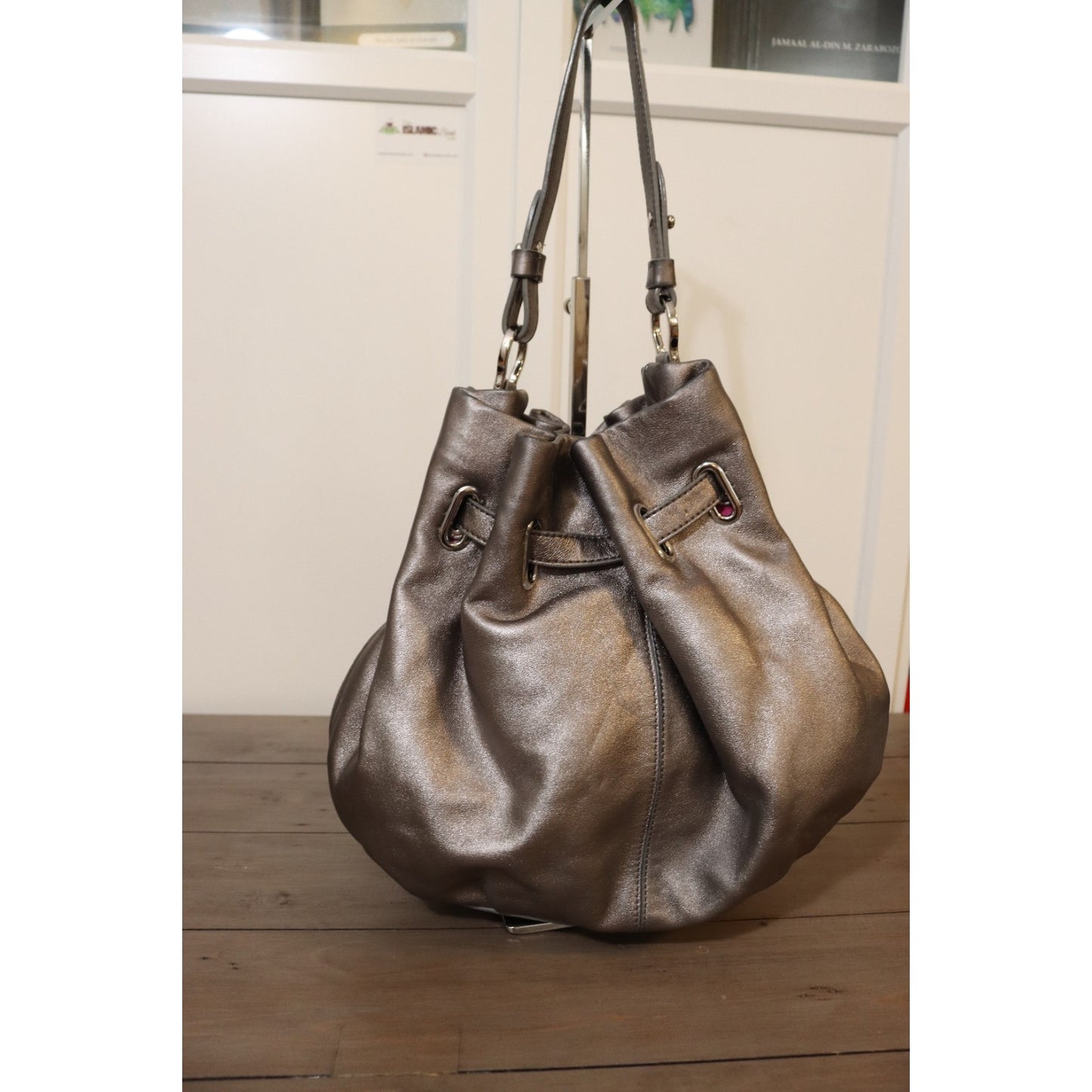 Cole Haan Silver Leather Bucket Bag Drawstring