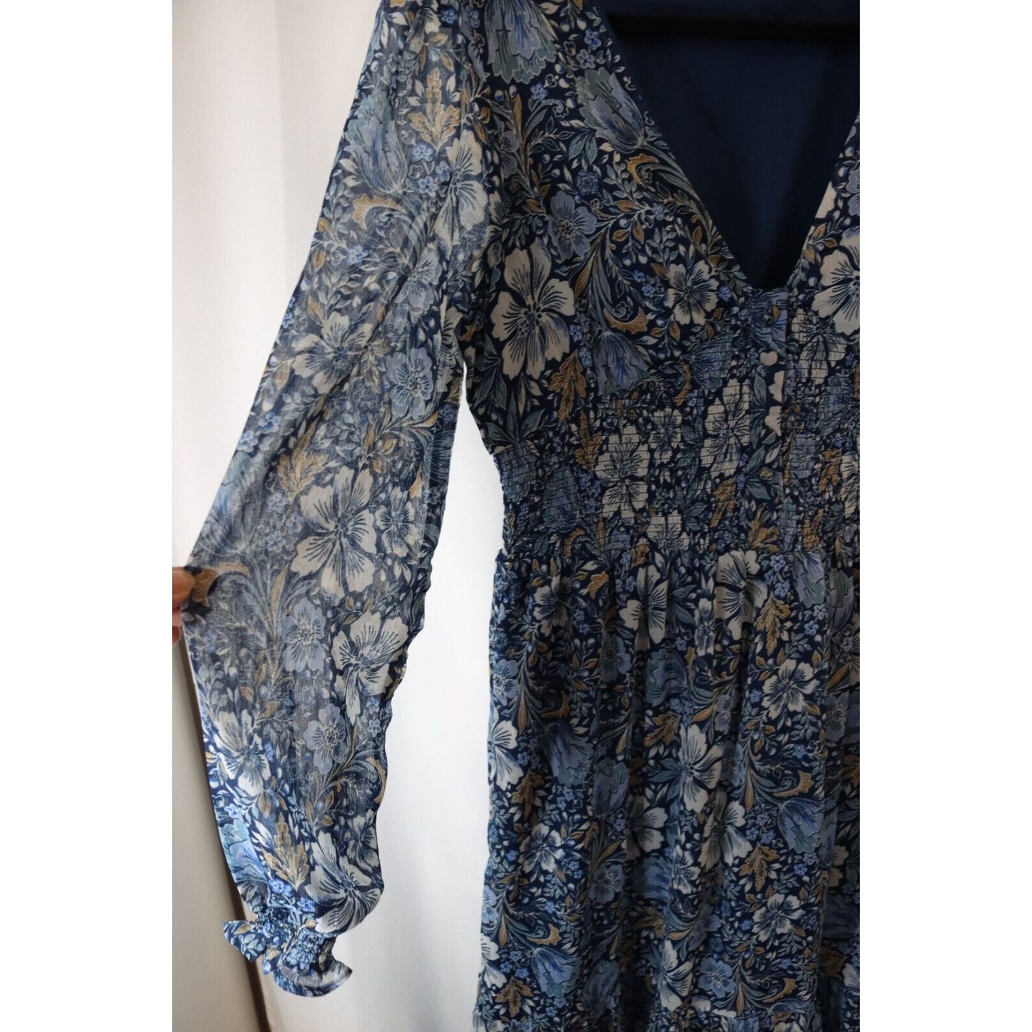 Patrons of Peace Maxi Dress Blue Sheer Arms Smock Buttons Size Large