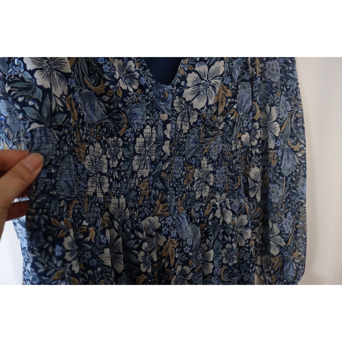 Patrons of Peace Maxi Dress Blue Sheer Arms Smock Buttons Size Large