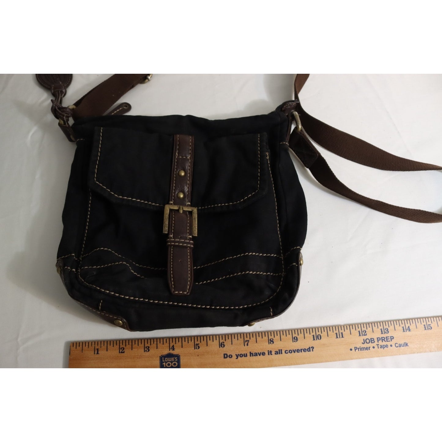 Vintage Fossil Black Canvas Leather Crossbody Bag
