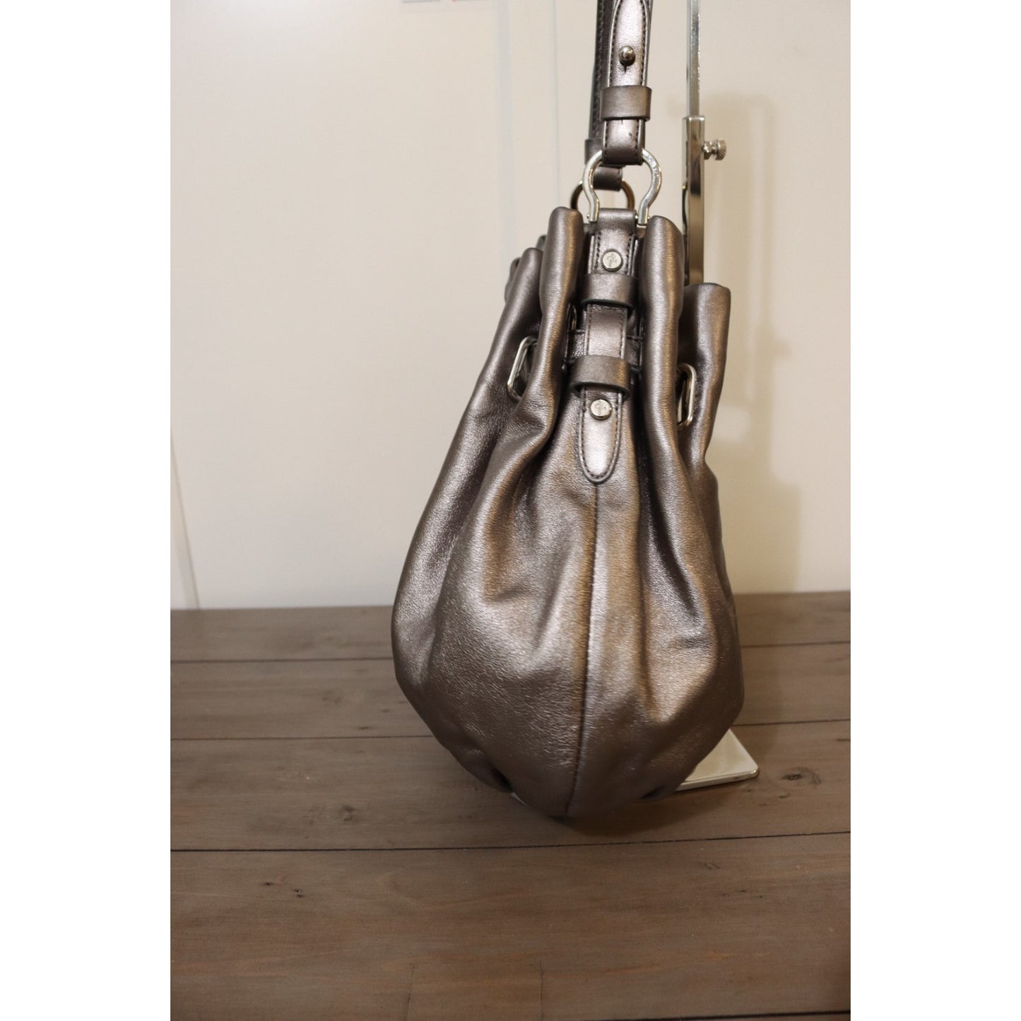 Cole Haan Silver Leather Bucket Bag Drawstring