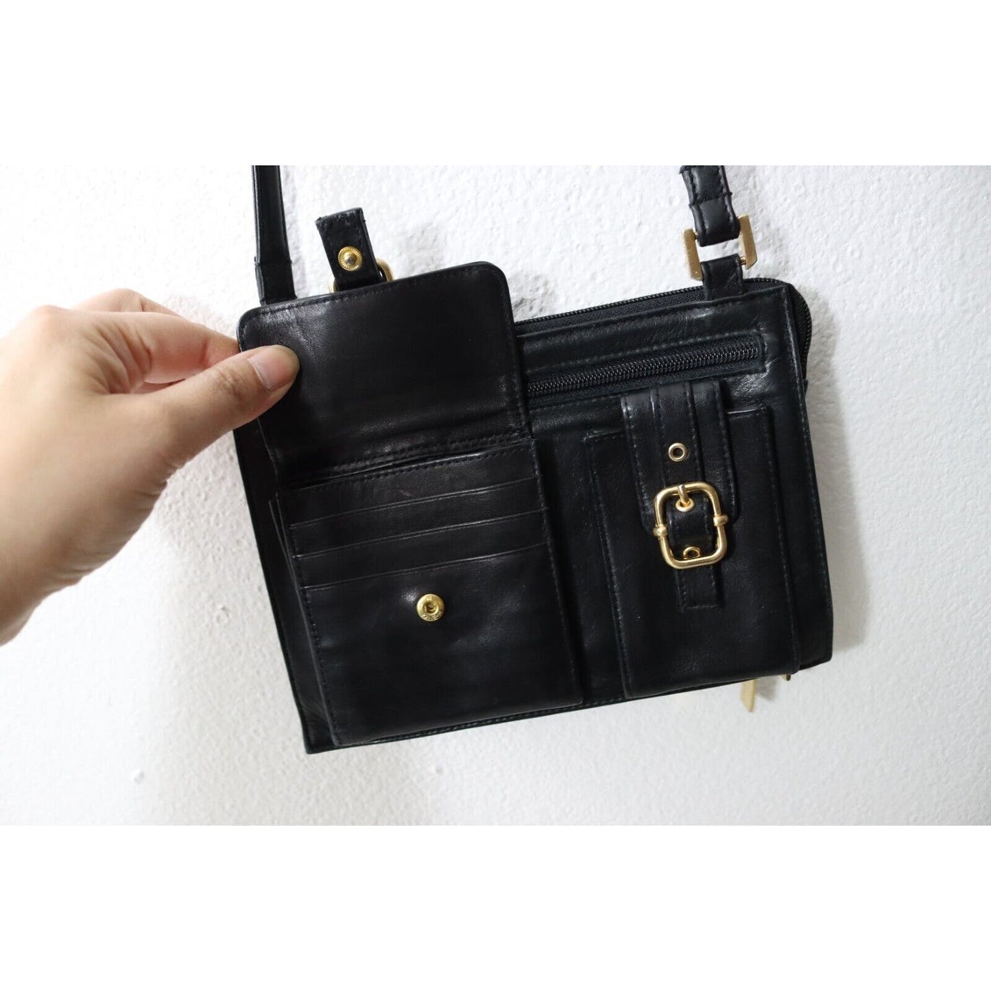 Perlina Black Leather Purse Crossbody Organizer Gold Hardware