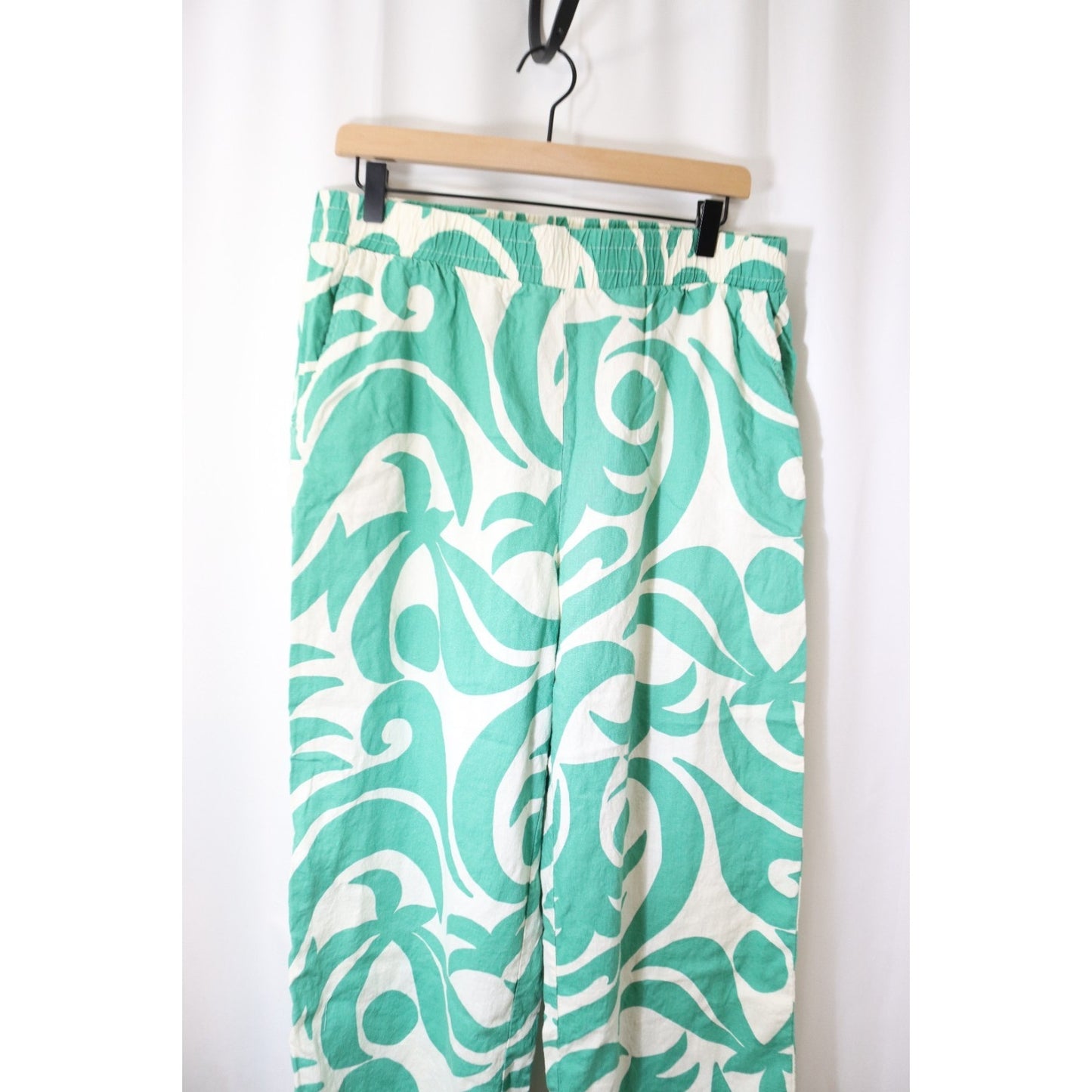 Ponoma Large Green and White Wide Leg Pant Linen/Rayon Pocket