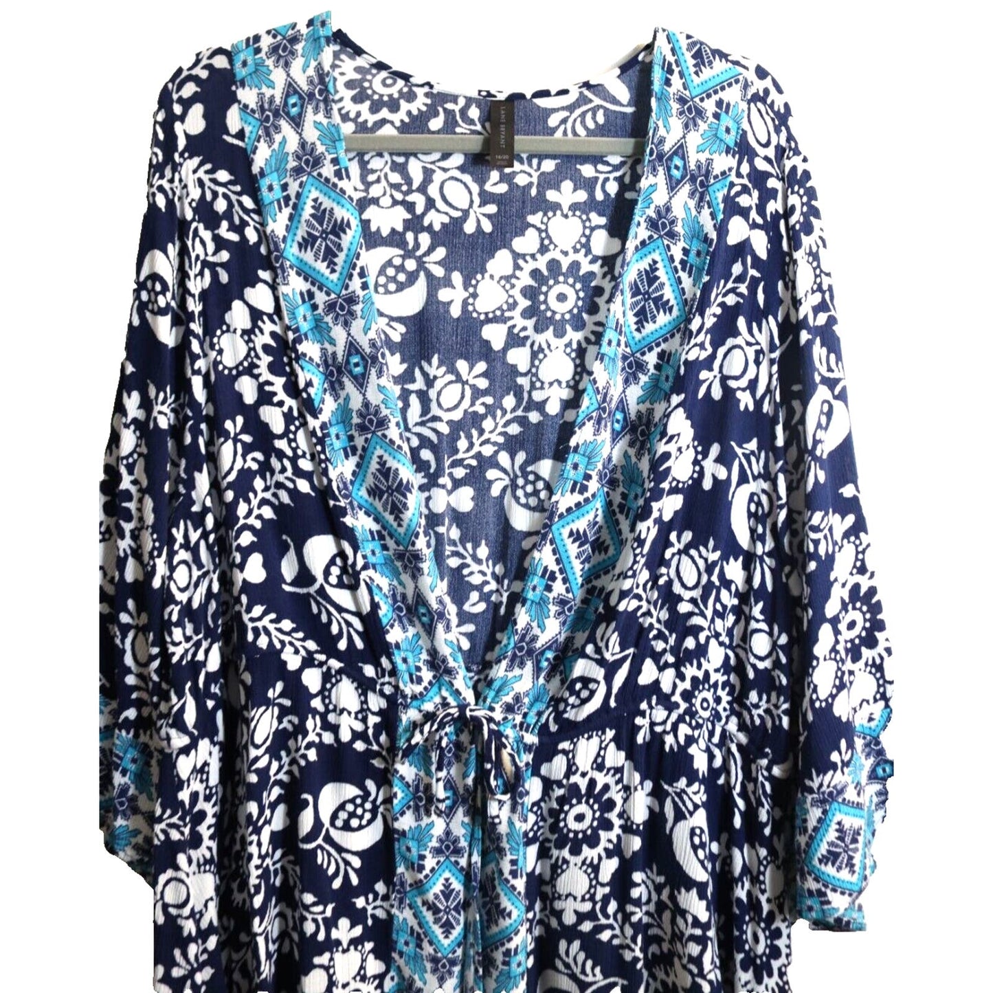 Lane Bryant Boho Gauze Cover Up Top Tie Front Size 18/20 Navy Blue Aqua