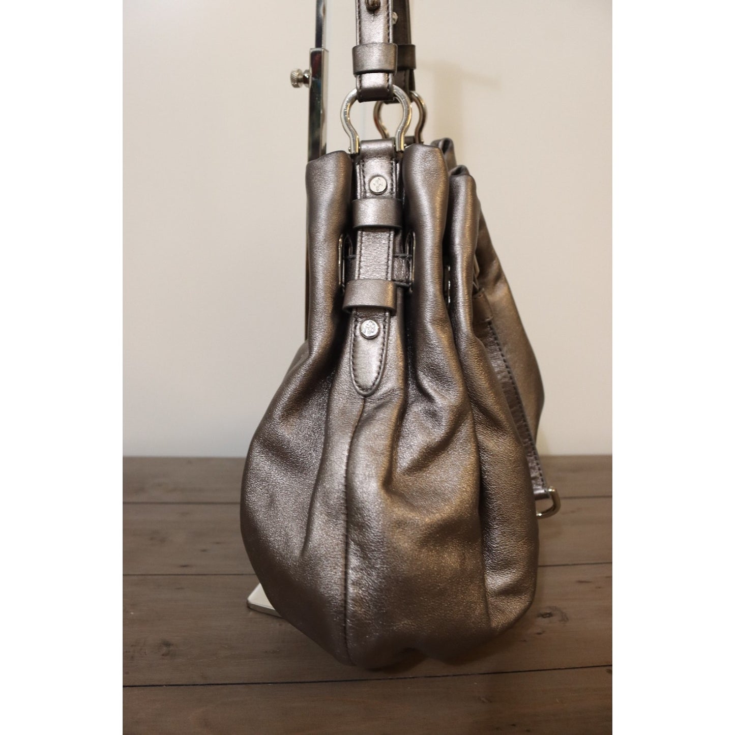 Cole Haan Silver Leather Bucket Bag Drawstring