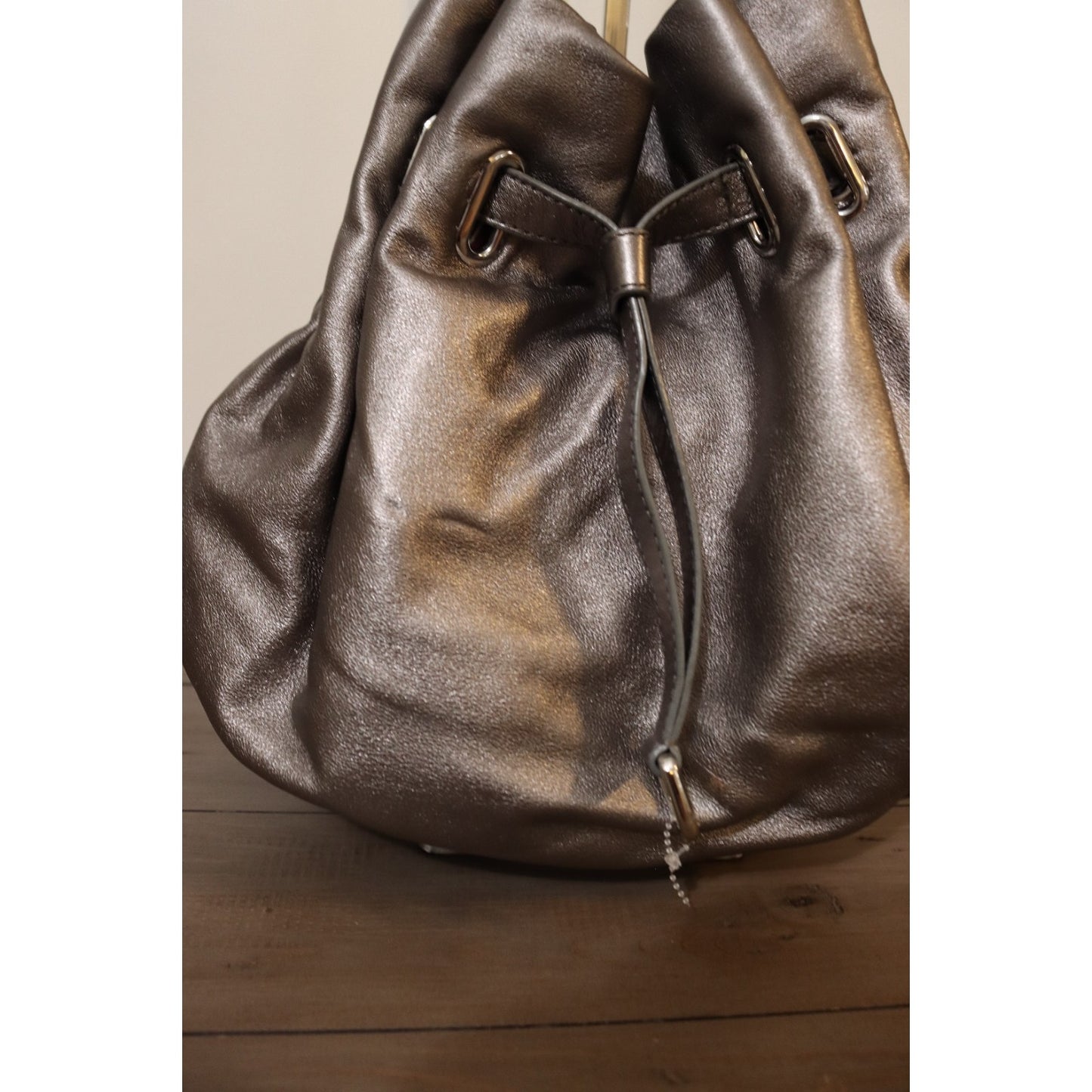 Cole Haan Silver Leather Bucket Bag Drawstring