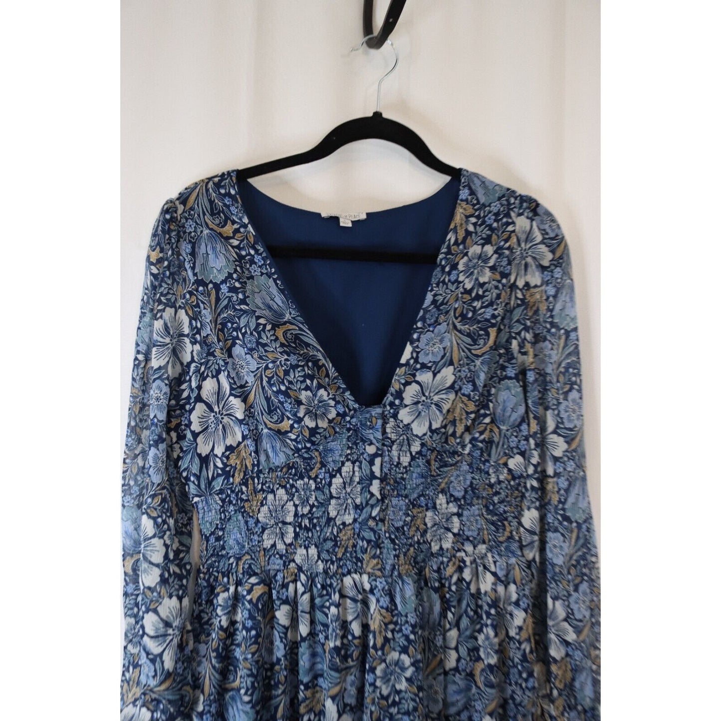 Patrons of Peace Maxi Dress Blue Sheer Arms Smock Buttons Size Large