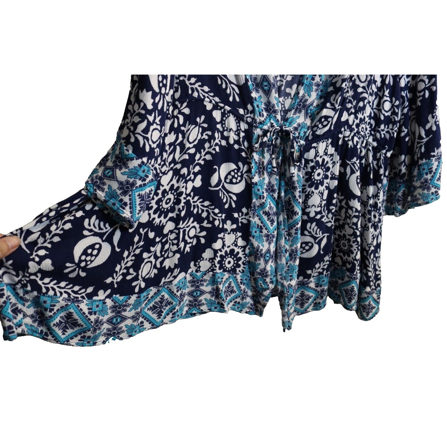 Lane Bryant Boho Gauze Cover Up Top Tie Front Size 18/20 Navy Blue Aqua