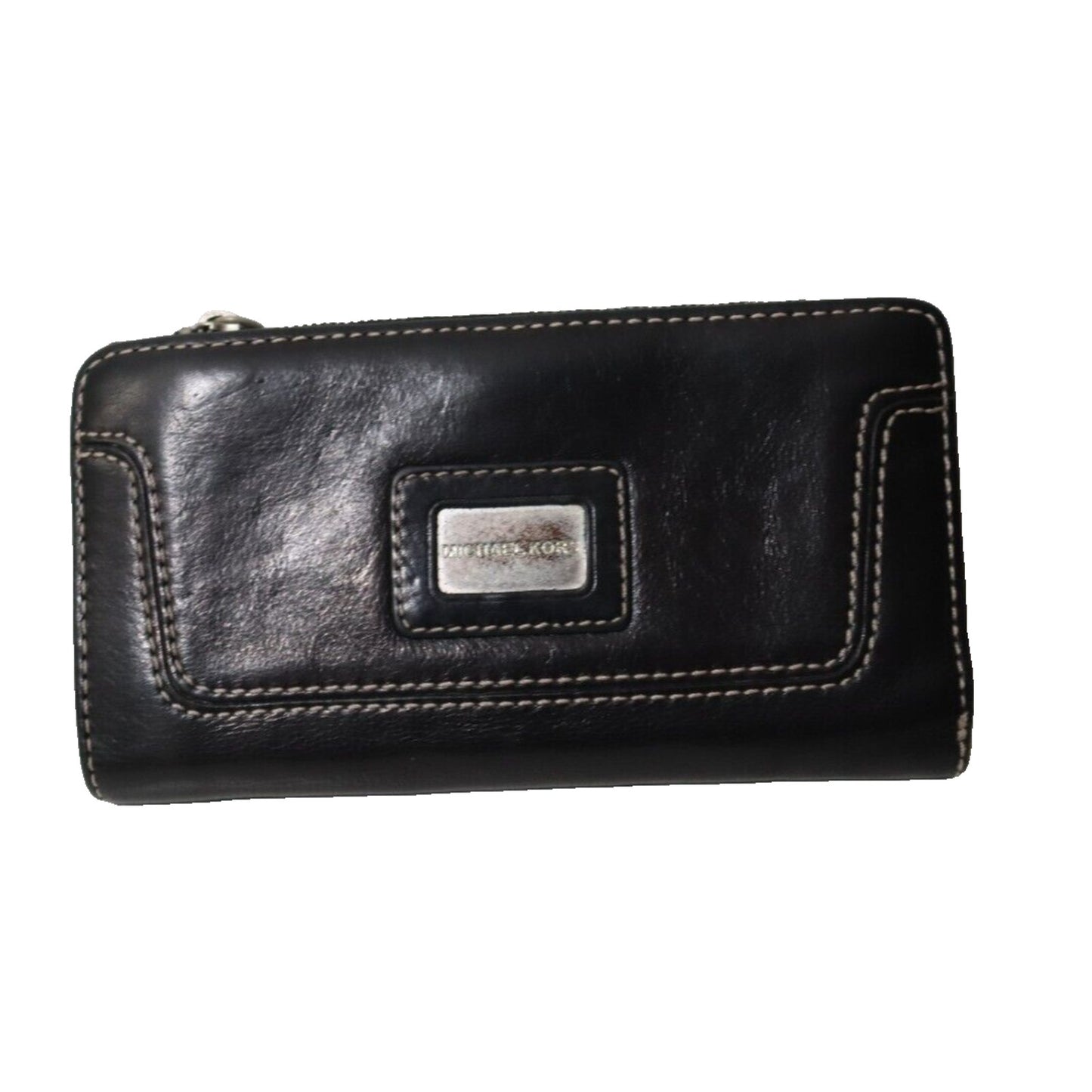 Michael Kors Black Leather Wallet White Stitching Metal Scratched