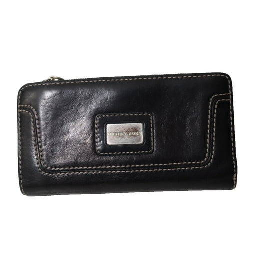 Michael Kors Black Leather Wallet White Stitching Metal Scratched