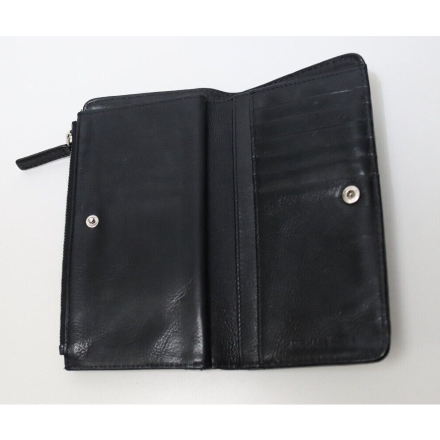 Michael Kors Black Leather Wallet White Stitching Metal Scratched