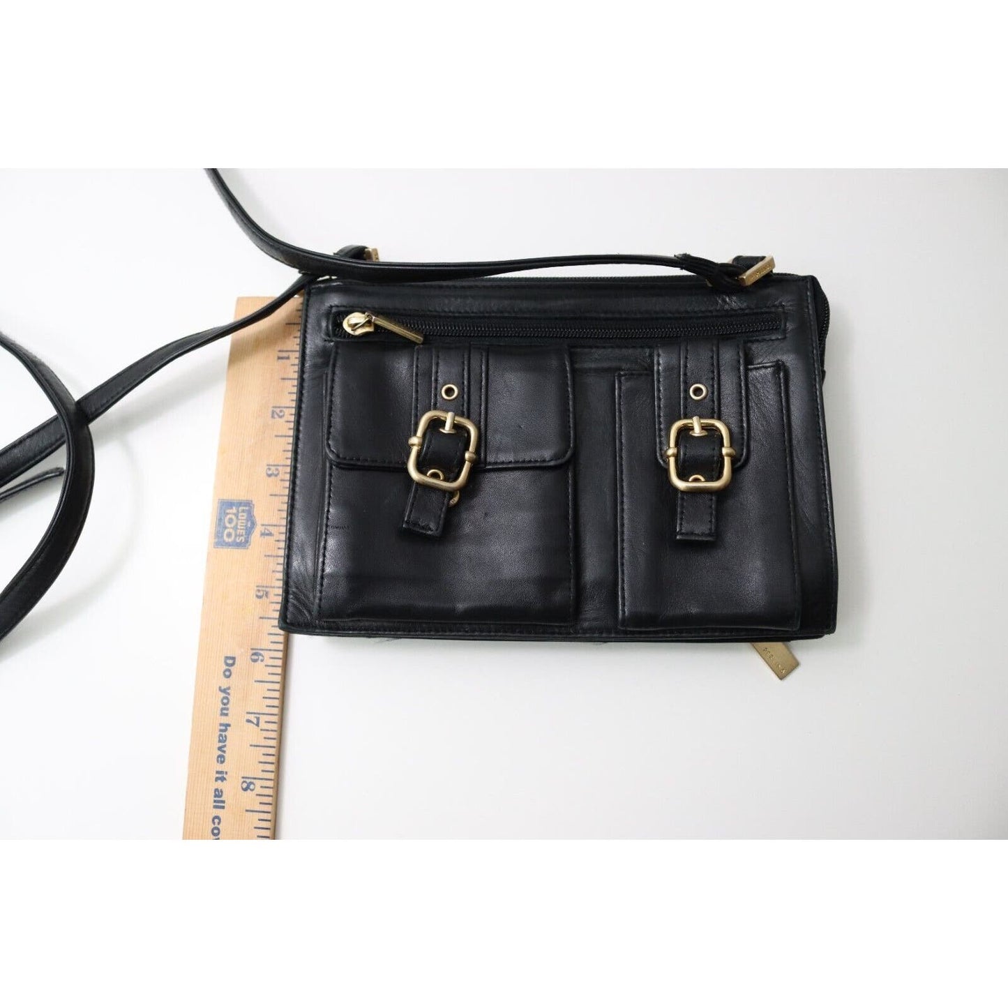 Perlina Black Leather Purse Crossbody Organizer Gold Hardware