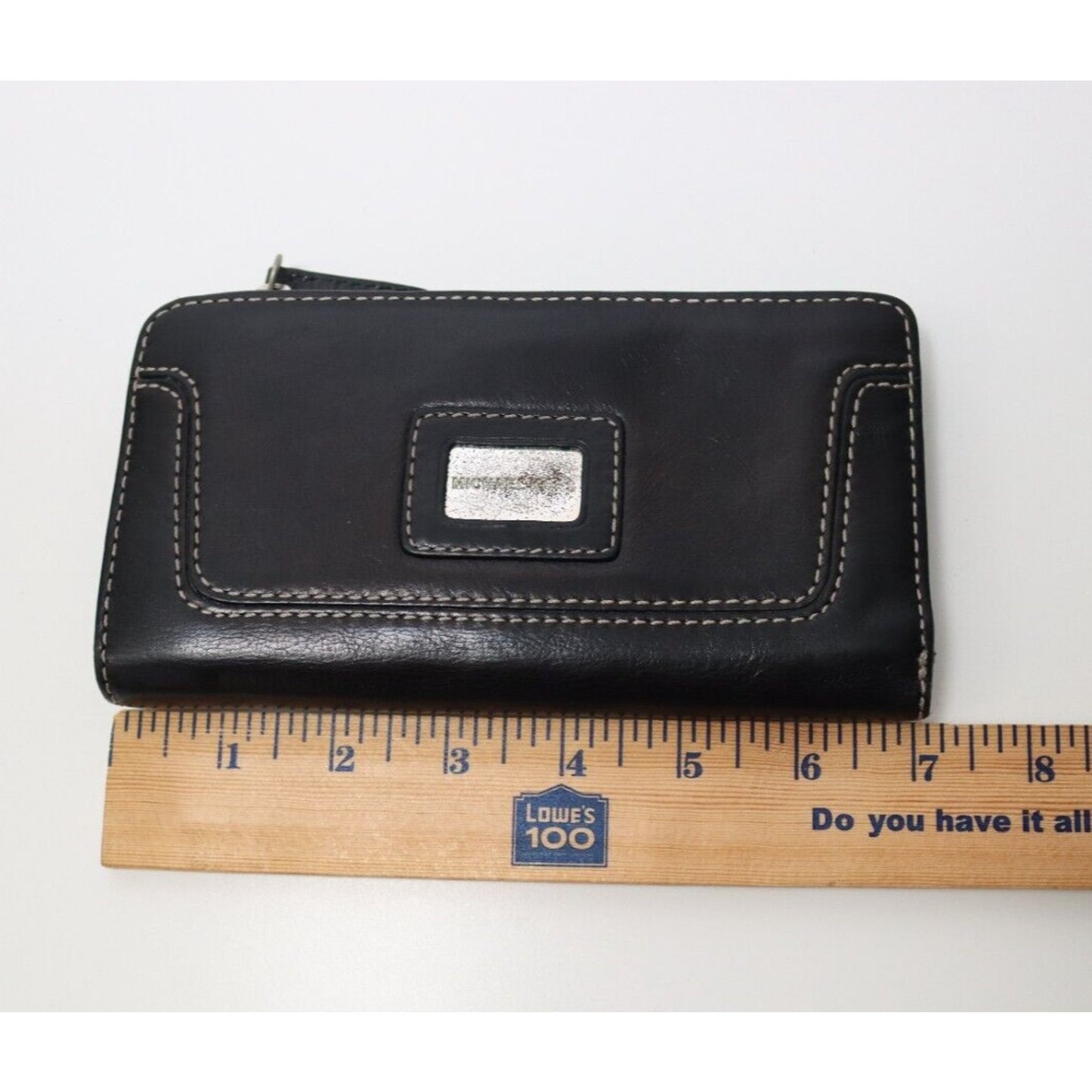 Michael Kors Black Leather Wallet White Stitching Metal Scratched