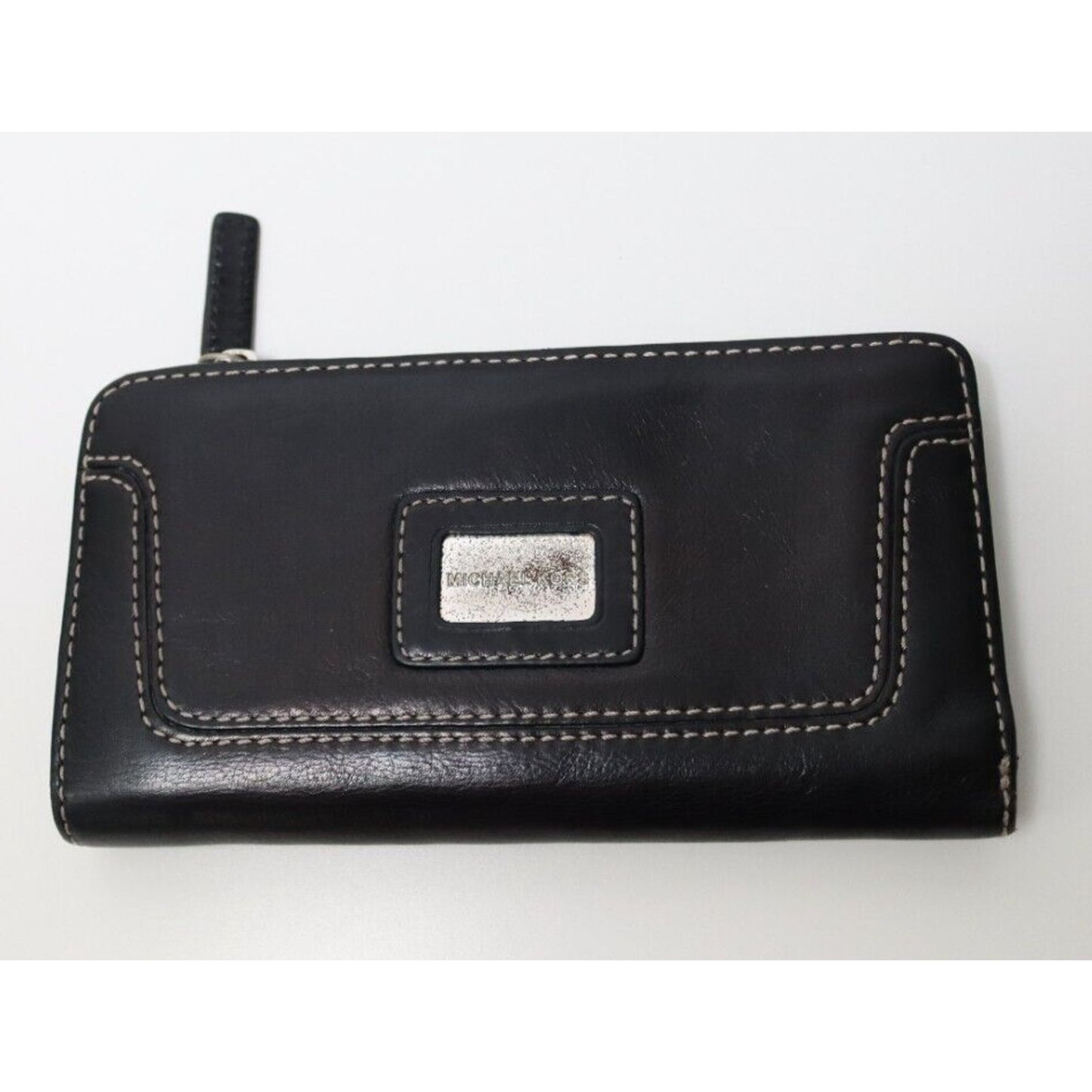 Michael Kors Black Leather Wallet White Stitching Metal Scratched