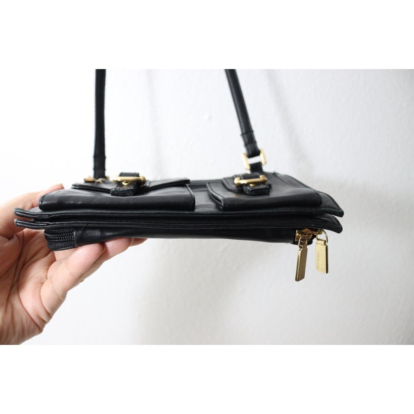 Perlina Black Leather Purse Crossbody Organizer Gold Hardware