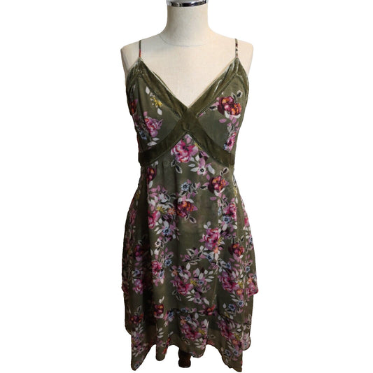 White House Black Market Green Floral Dress Velvet Trim Asymmetric Size 10