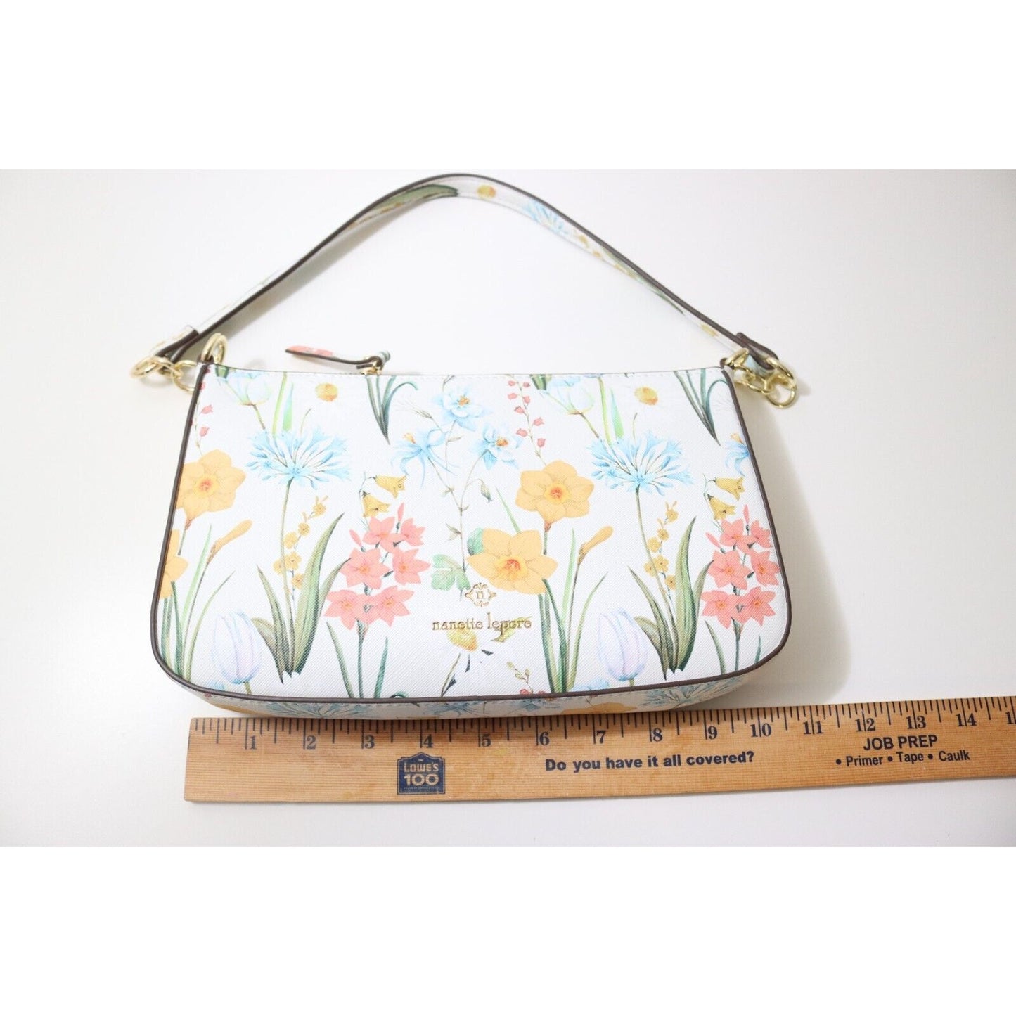 Nanette Lapore White Floral Zippered Shoulder Bag Purse Gold Hardware Pockets