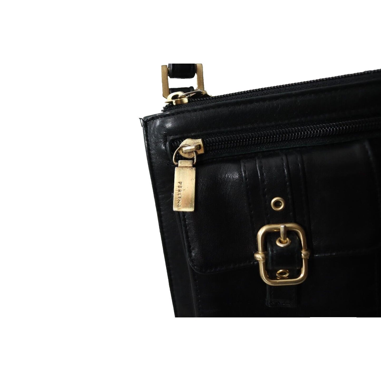 Perlina Black Leather Purse Crossbody Organizer Gold Hardware