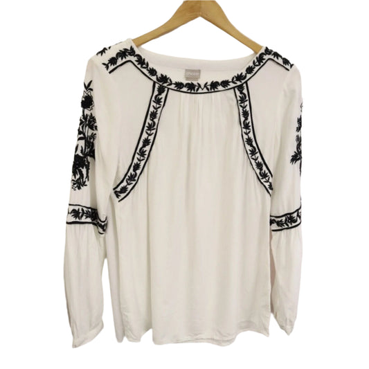 Chico's 0 (4/6) White and Black Long Sleeve Top Boho Embroidery Flaws