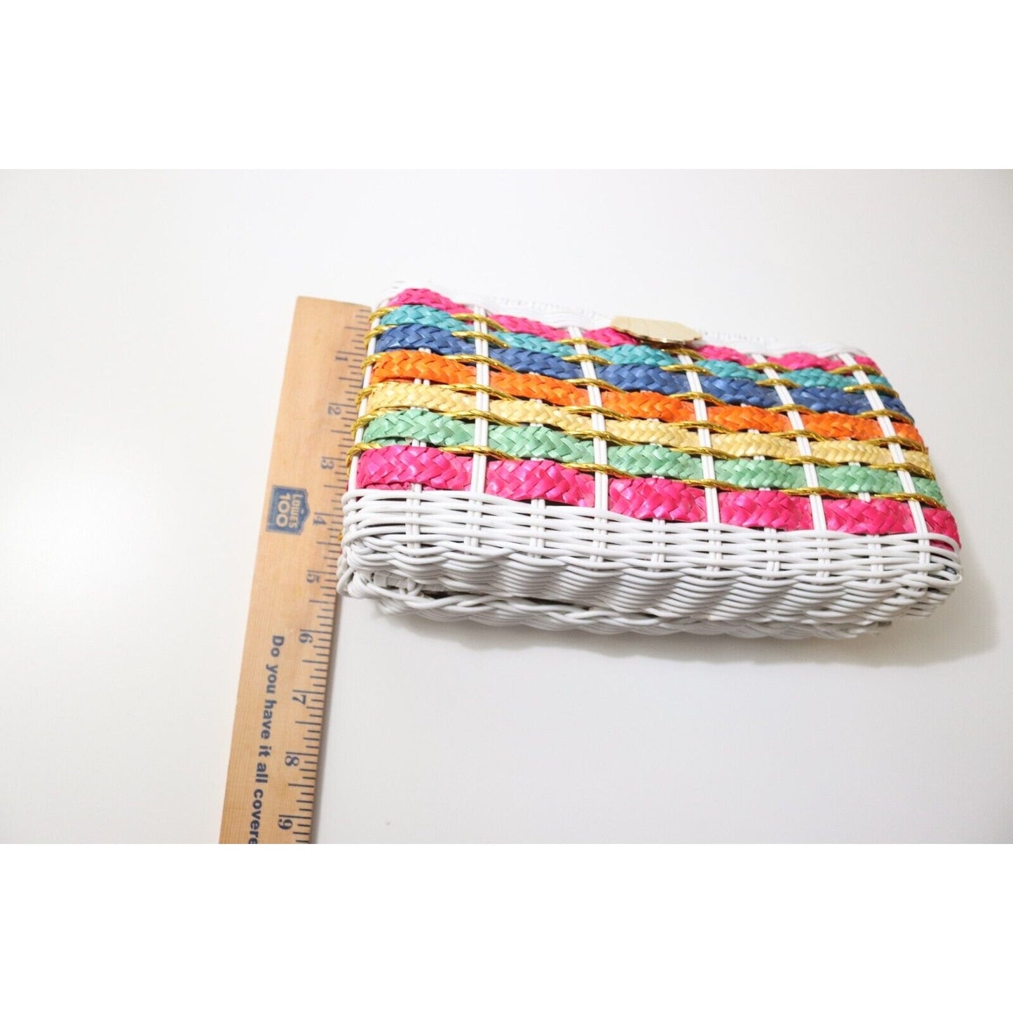1960’s Rainbow Striped White Wicker Woven Basket Purse Bag Gold Tone Chain Strap