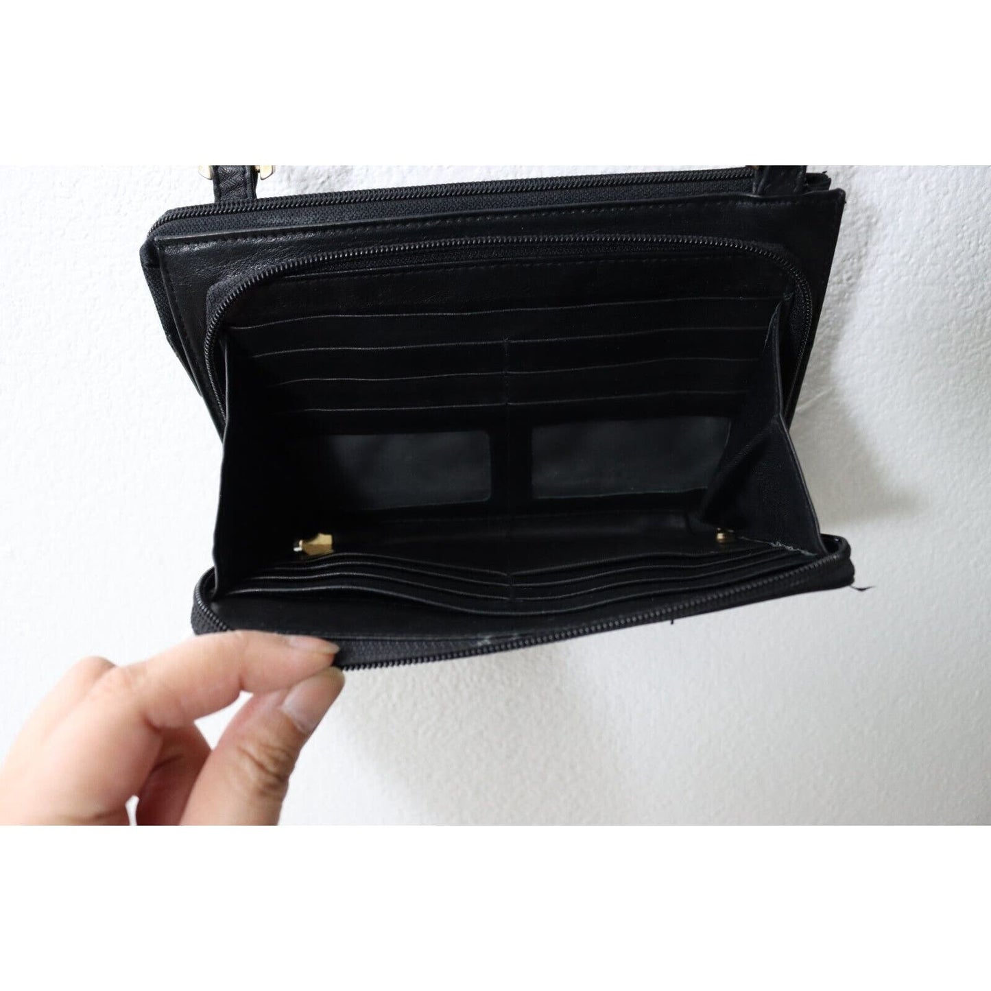 Perlina Black Leather Purse Crossbody Organizer Gold Hardware