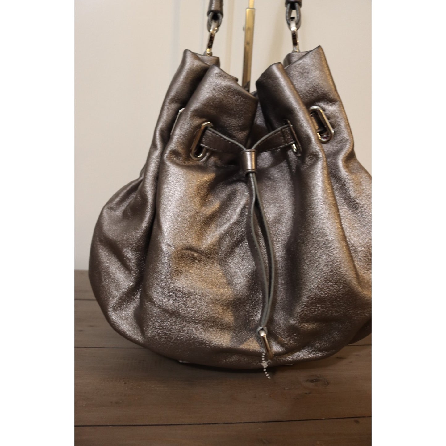 Cole Haan Silver Leather Bucket Bag Drawstring