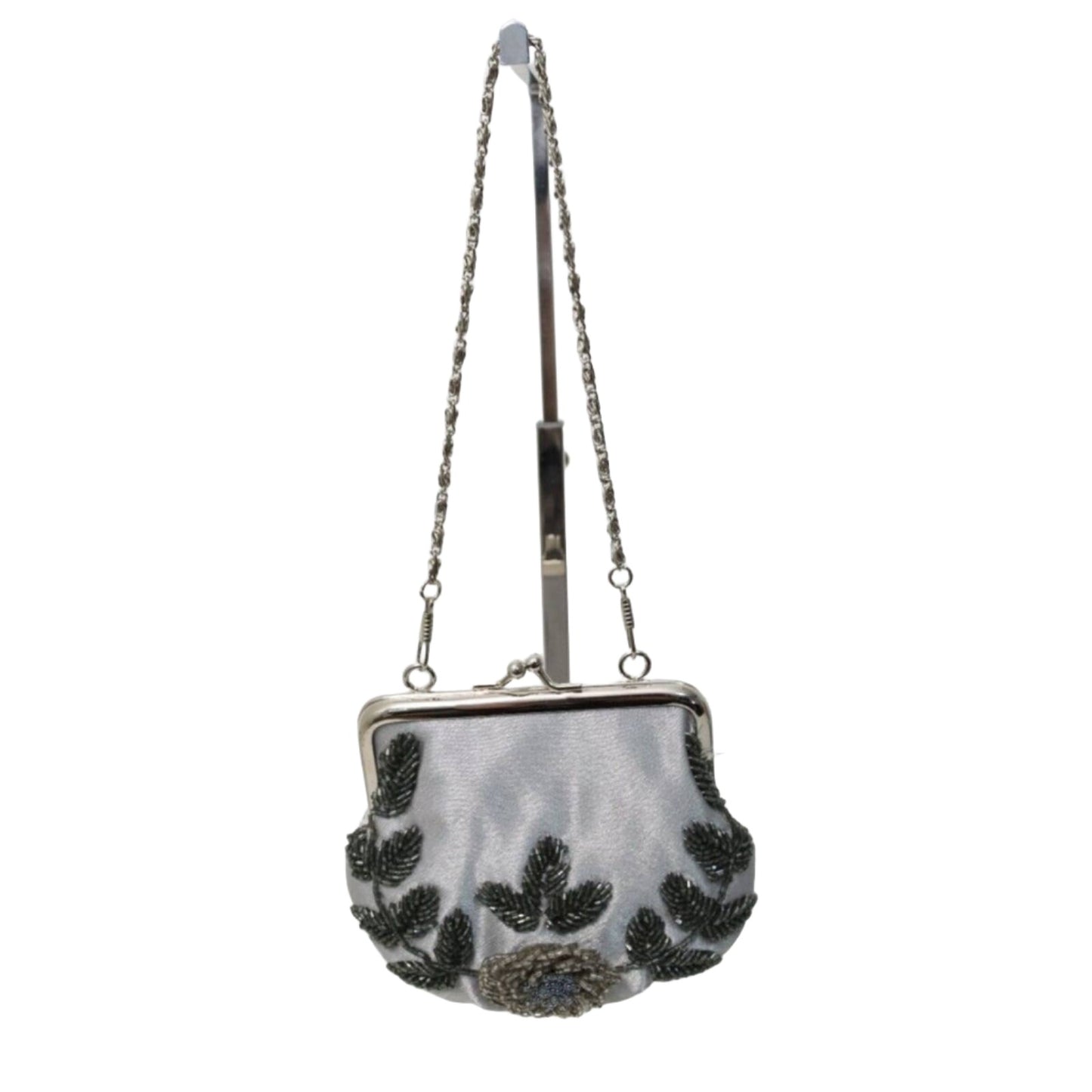 Silver Beaded Evening Handbag Kisslock Grey
