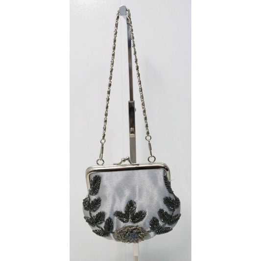 Silver Beaded Evening Handbag Kisslock Grey
