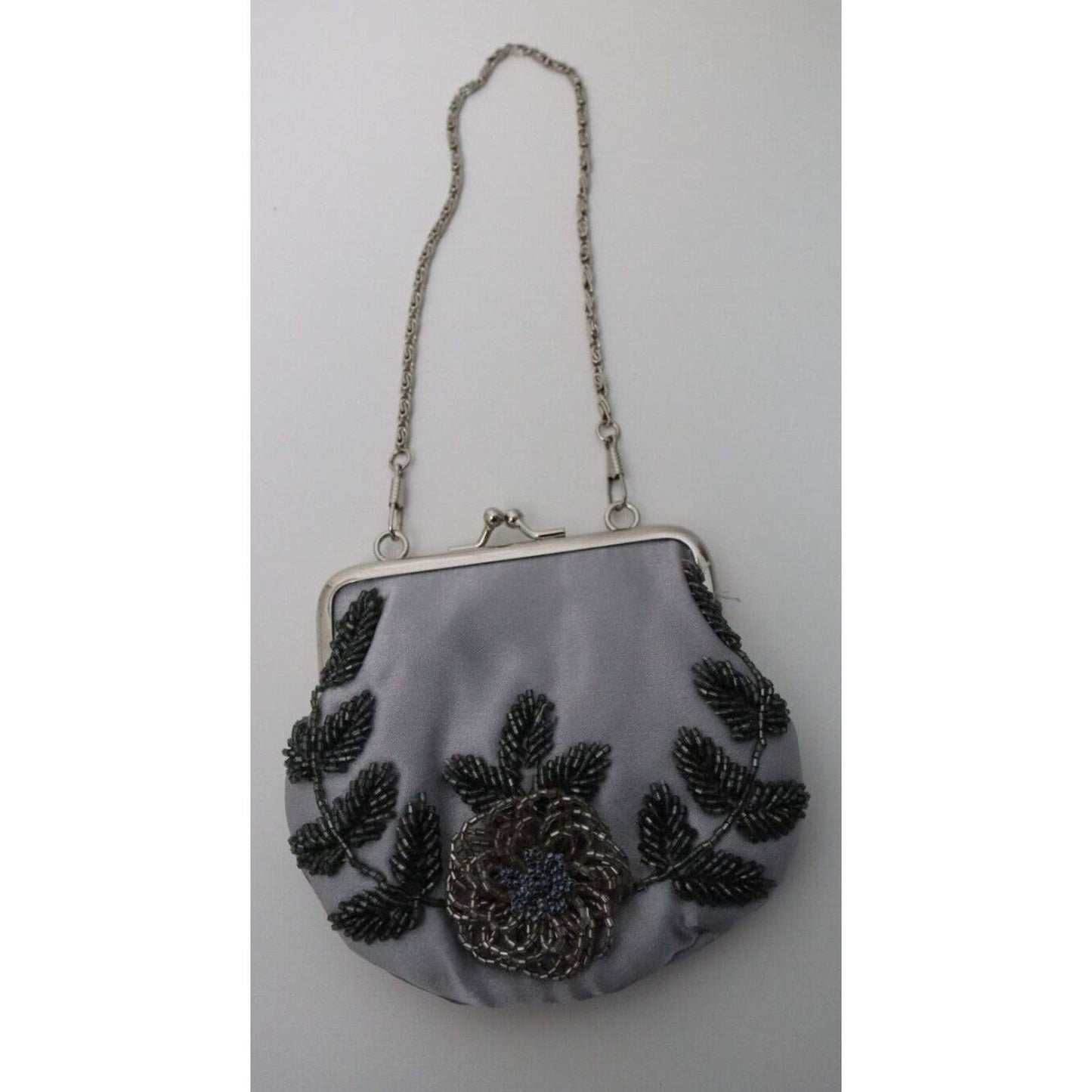 Silver Beaded Evening Handbag Kisslock Grey