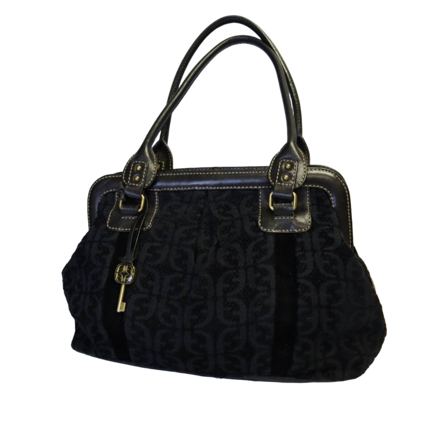 Vintage Fossil Fabric and Leather Black Shoulder Bag Medium Size Handbag