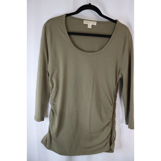 Michael Kors XL Green 3/4 Sleeve Top Side Zip Ruching Cotton Spandex