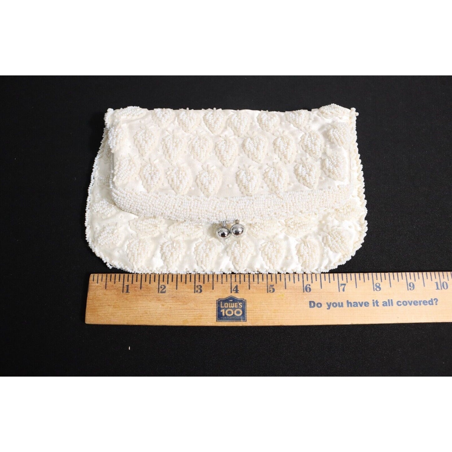 Vintage Beaded Kiss Lock Clutch White Foldable