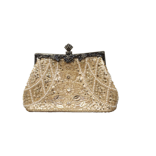 Vintage Inspired Beaded Ivory Bag Top Handle Clutch Gunmetal