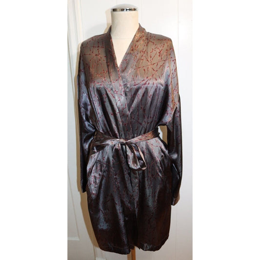 Victoria Secret Brown Robe With Red Leaf Design One Size Attached Tie