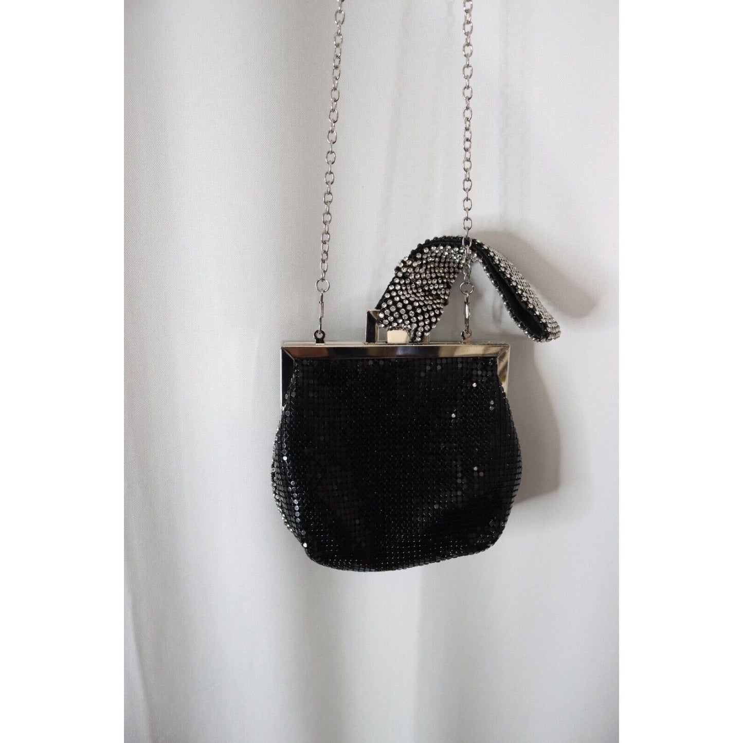 Unbranded Evening Bag Black and Silve Rhinestone with Crossbody Strap