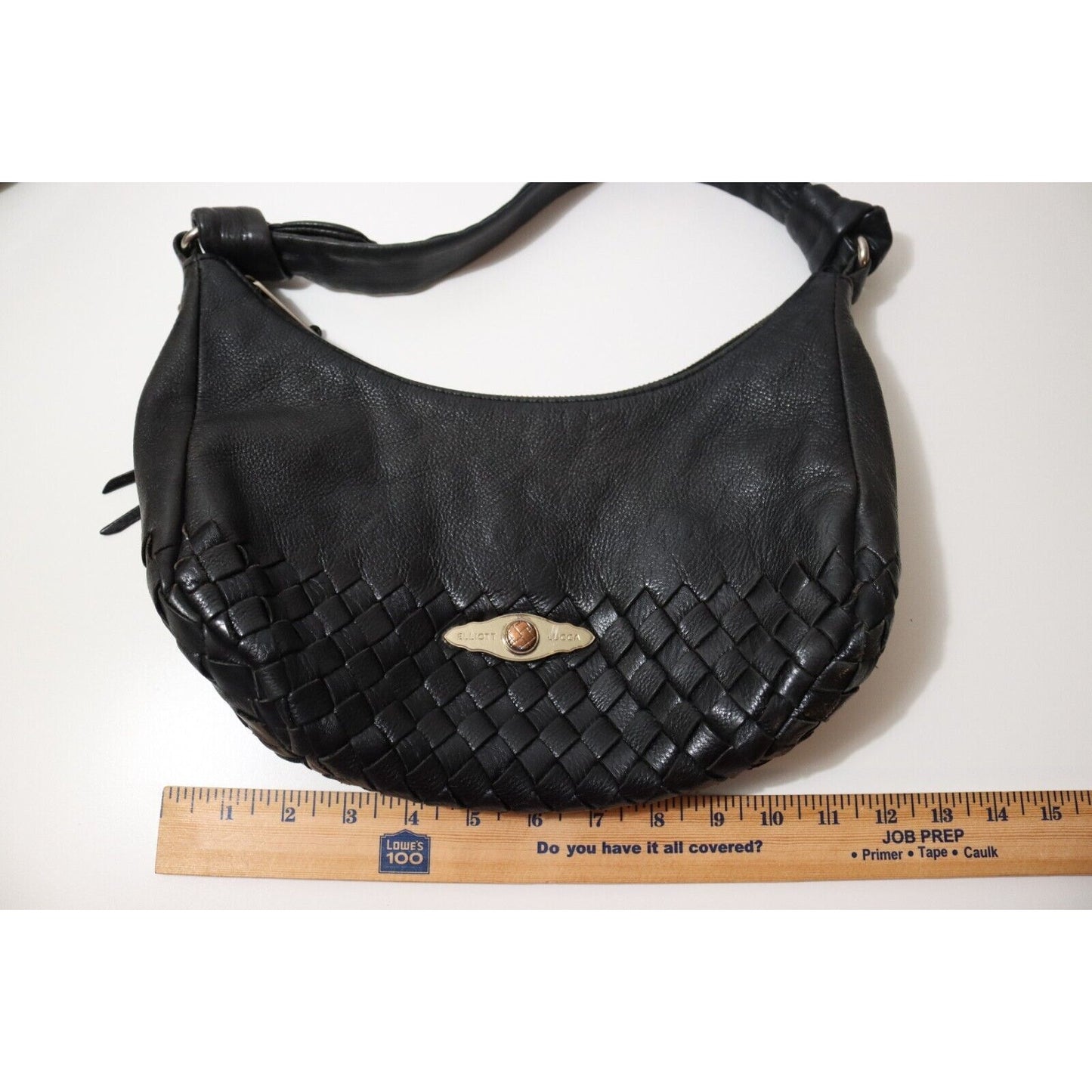 Elliott Lucca Black Leather Handbag Woven Shoulder Bag