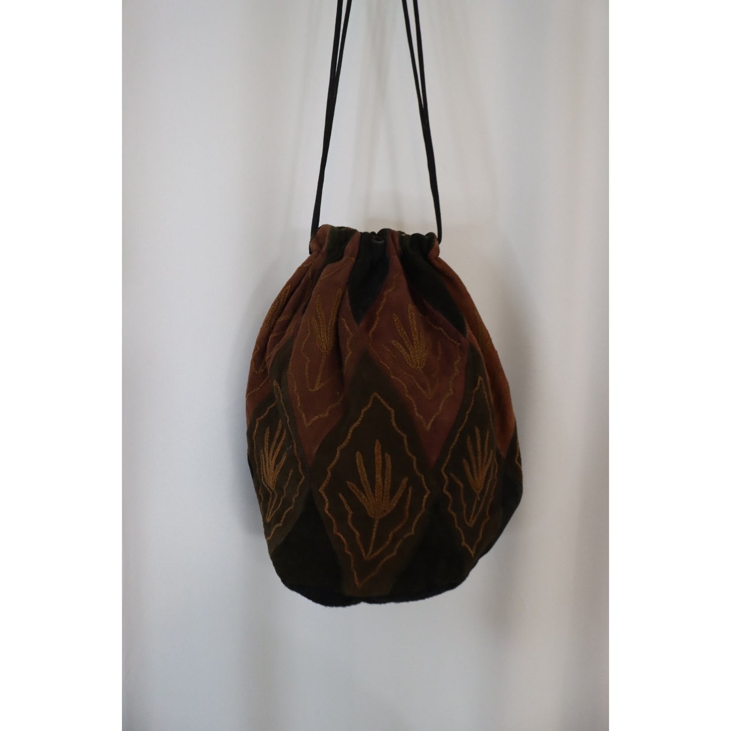 Leather Bucket Drawstring Bag Small Brown