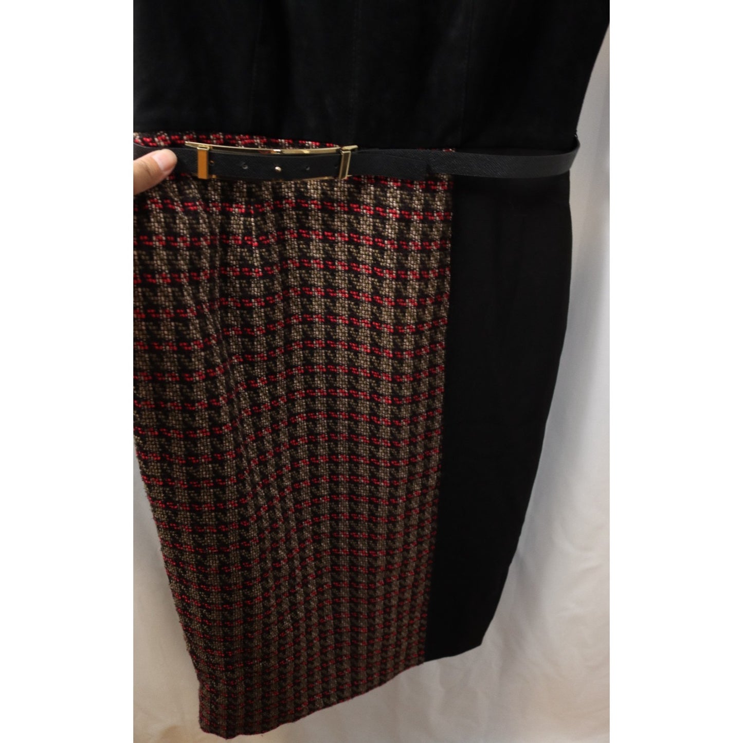 Calvin Klein Black/Brown/Red 12 Pencil Dress Belt Tweed Lined Zip Sleeveless