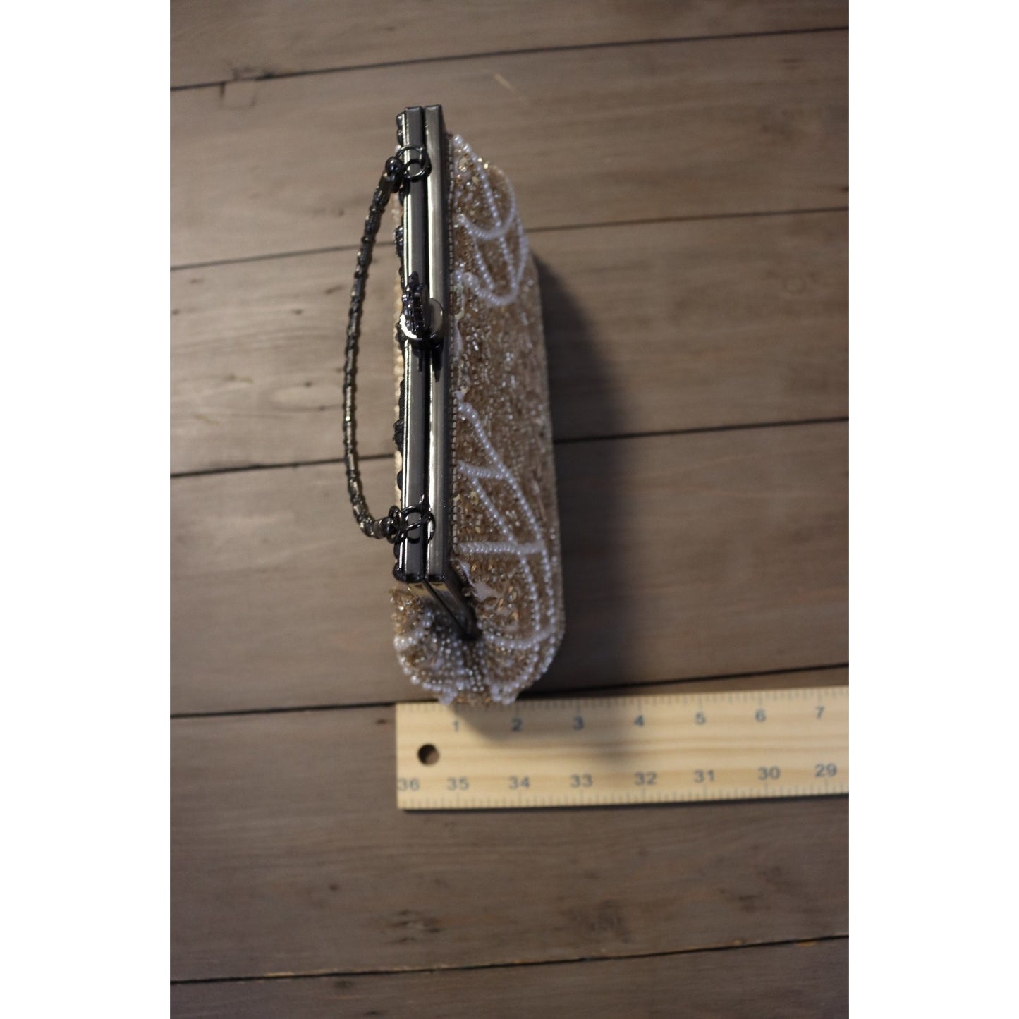 Vintage Inspired Beaded Ivory Bag Top Handle Clutch Gunmetal