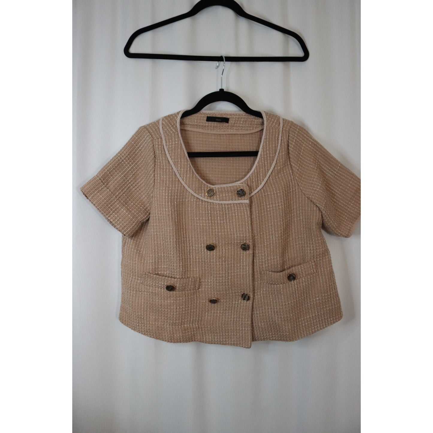 MM & Co Short Tweed Blazer Light Brown Button Preppy Flaws
