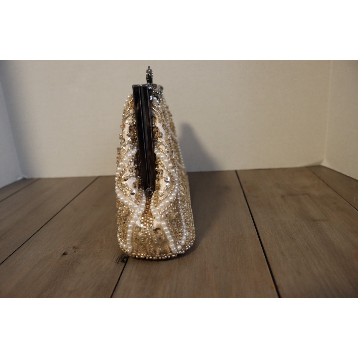 Vintage Inspired Beaded Ivory Bag Top Handle Clutch Gunmetal