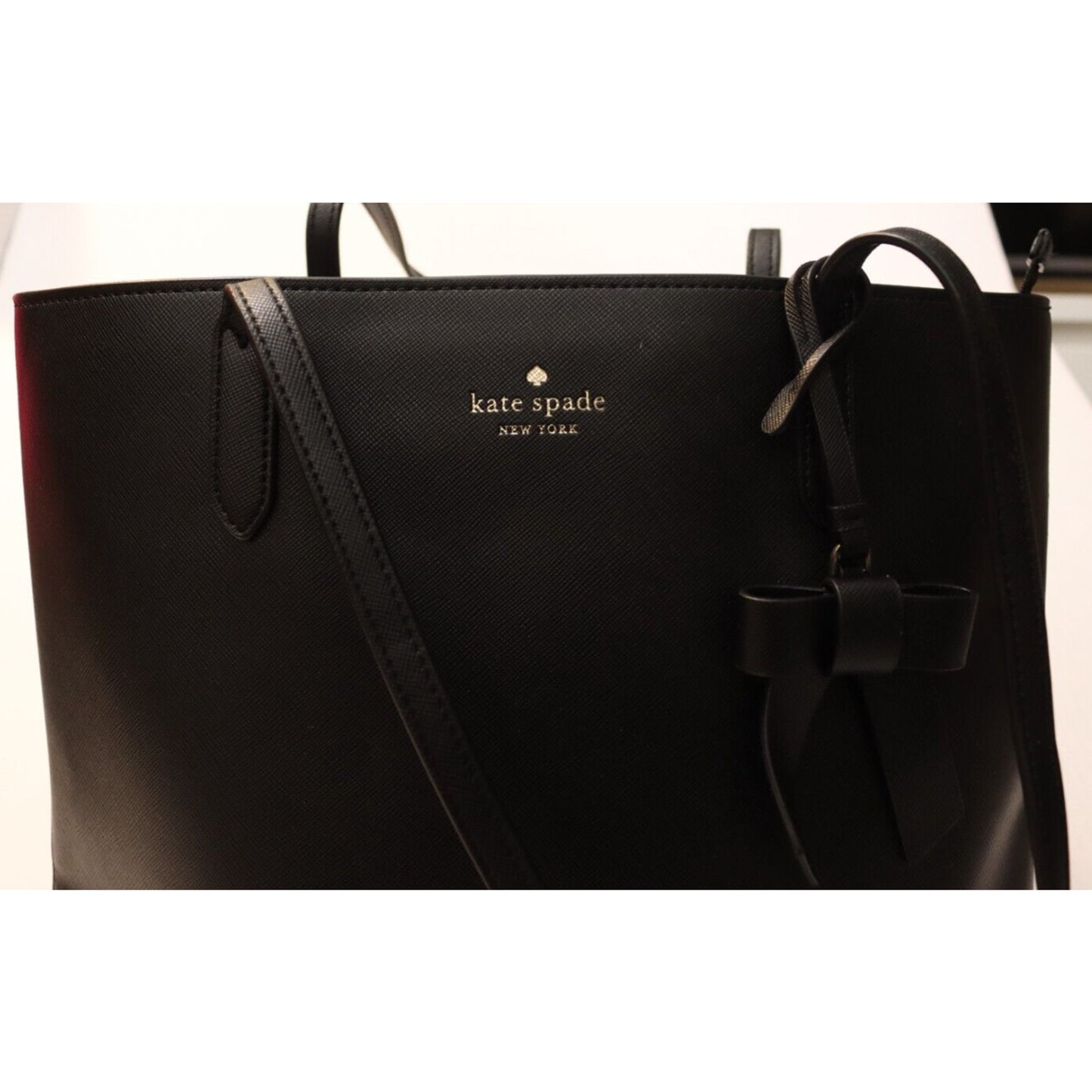 Kate Spade Black Tote Shoulder Bag Leather Bow Zip Closure