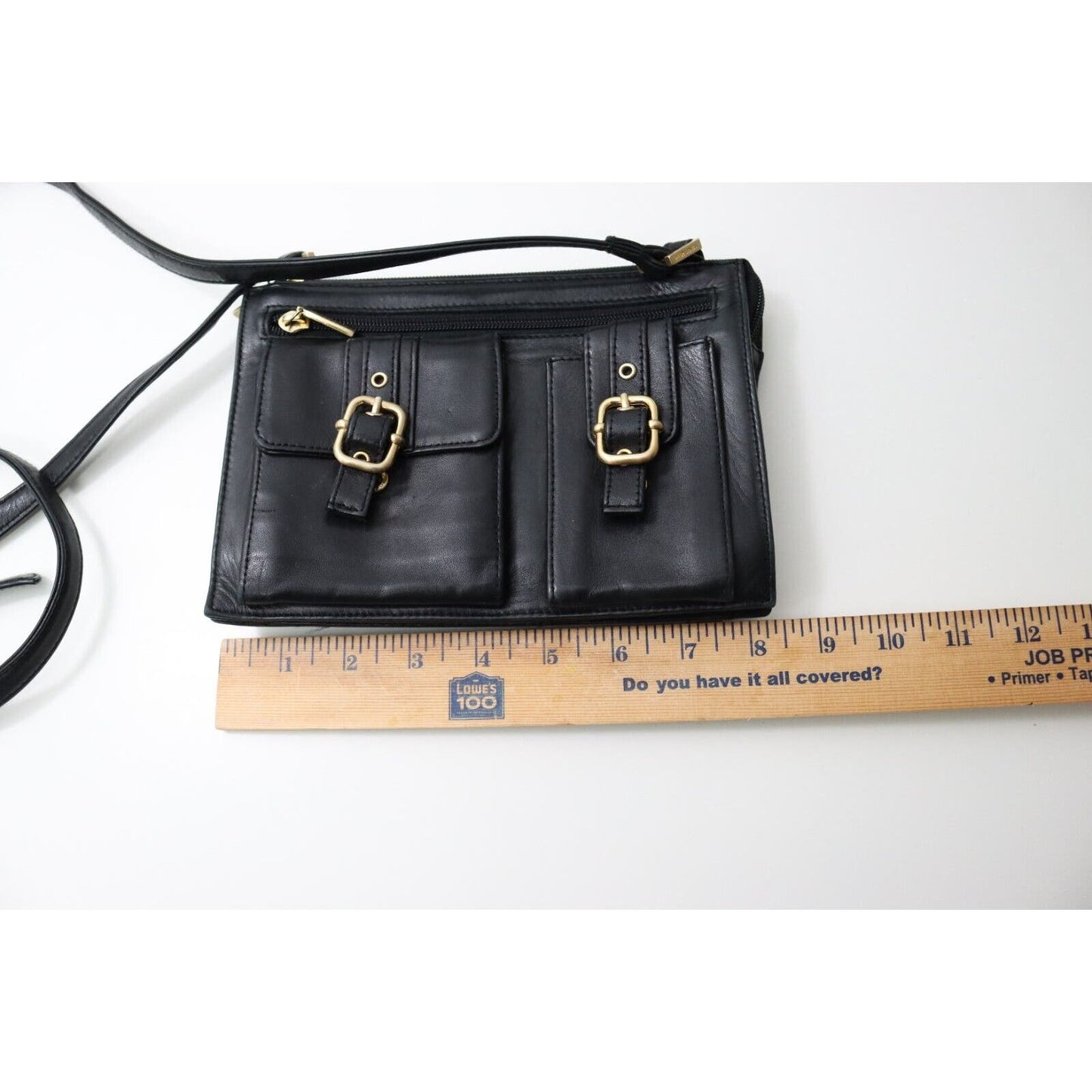Perlina Black Leather Purse Crossbody Organizer Gold Hardware