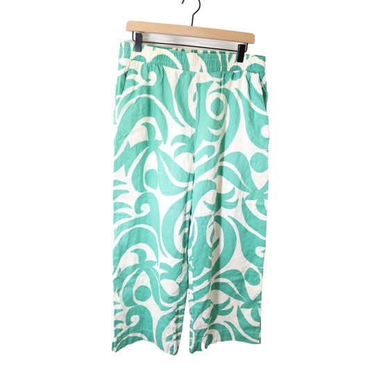 Ponoma Large Green and White Wide Leg Pant Linen/Rayon Pocket
