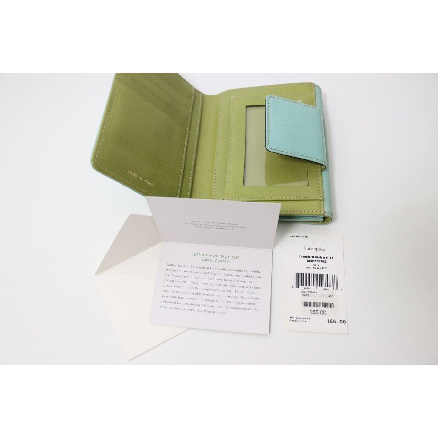 Kate Spade Teal Wallet Pool/Moss Foldable Credit Card Green Inside