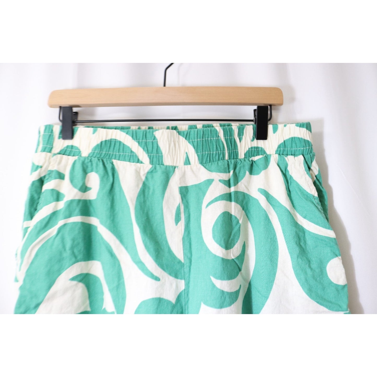 Ponoma Large Green and White Wide Leg Pant Linen/Rayon Pocket