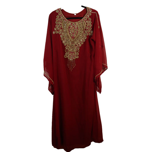 Abaya Kaftan Red Beaded Sheer Lined Size 58