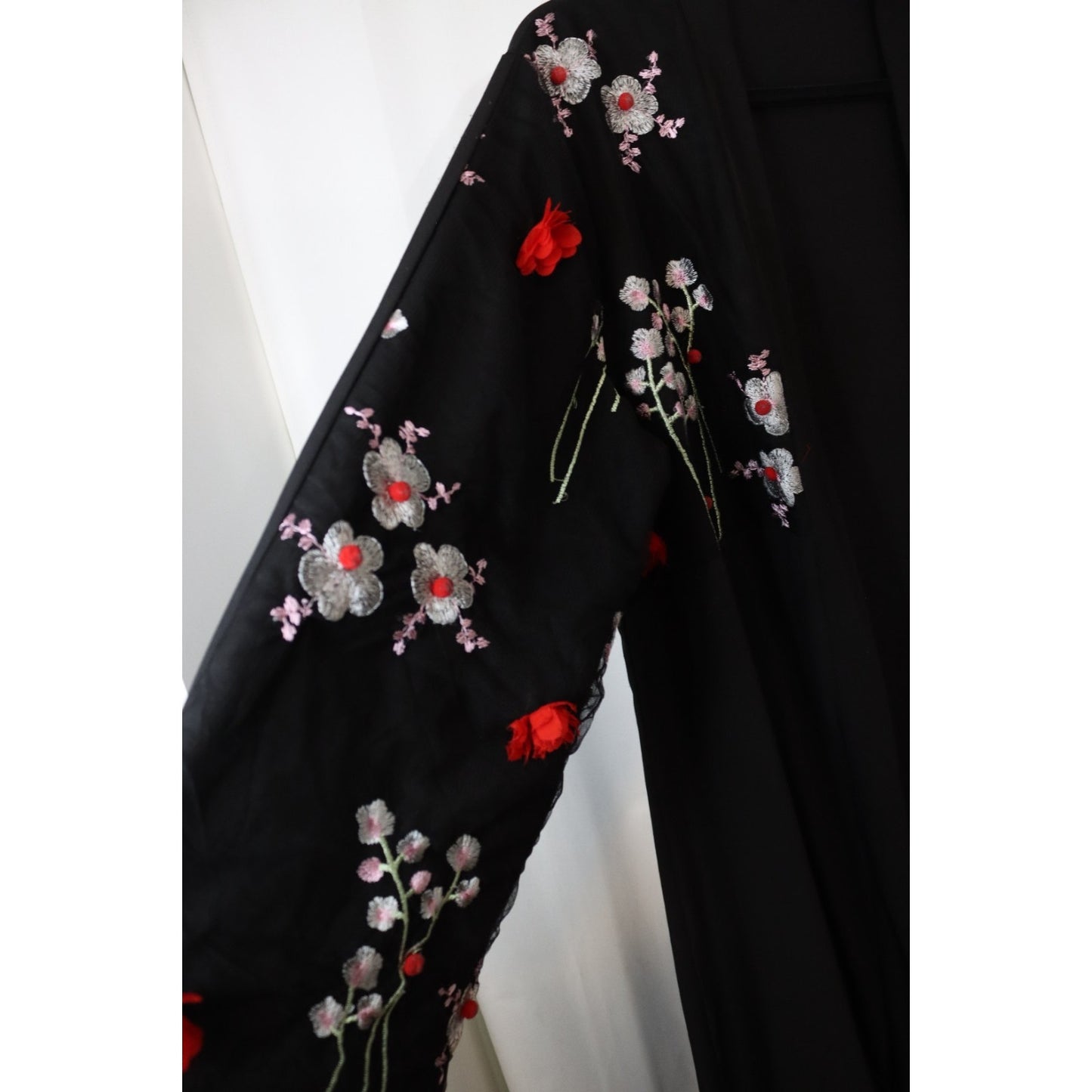 Black Open Abaya Flowers Embroidery XL