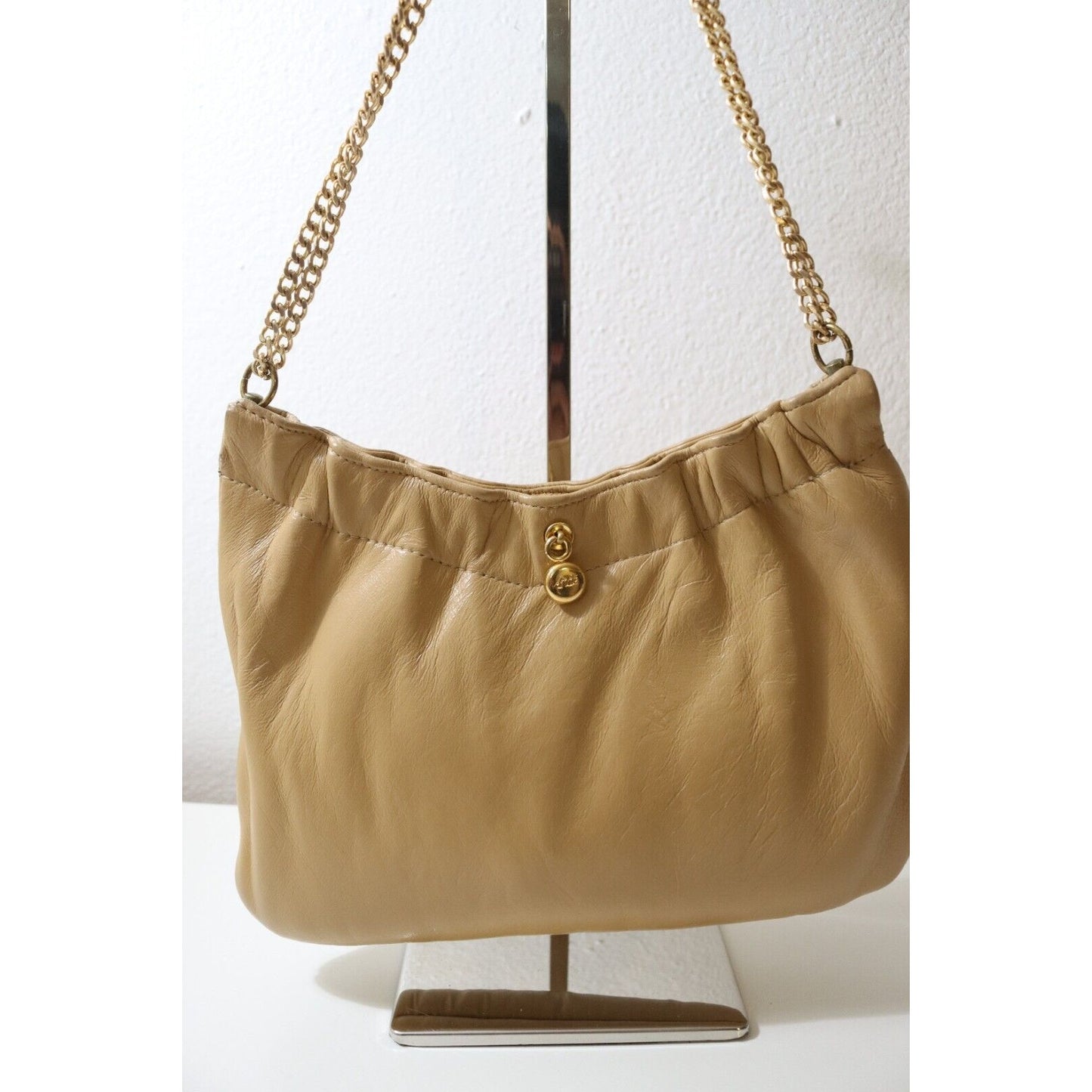 Ande Vintage Nude Tan Beige Leather Small Purse Gold Chain Shoulder Bag