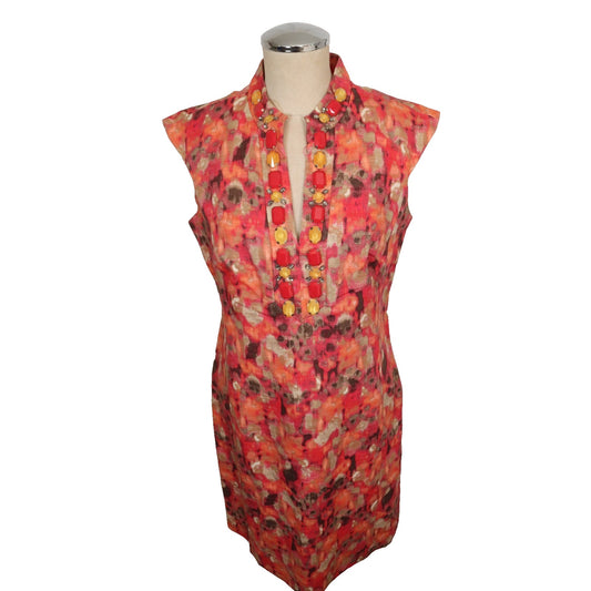 Eliza J New York Size 8 Coral Brown Taupe Rhinestone Linen Blend Sheath